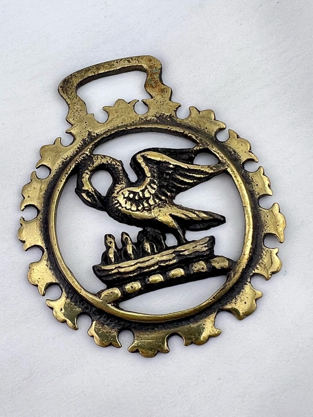 Brass Horse Medallion Antique English Swan Bird Gosling Nest Crown Border Parade